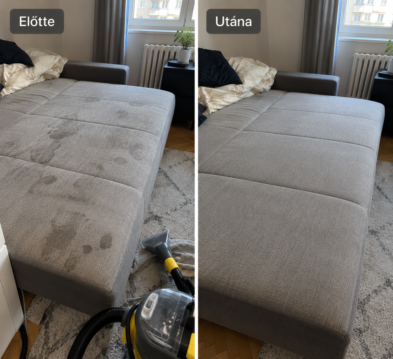 Előtte és utána: kihúzható kanapé fekvőfelületének tisztítása