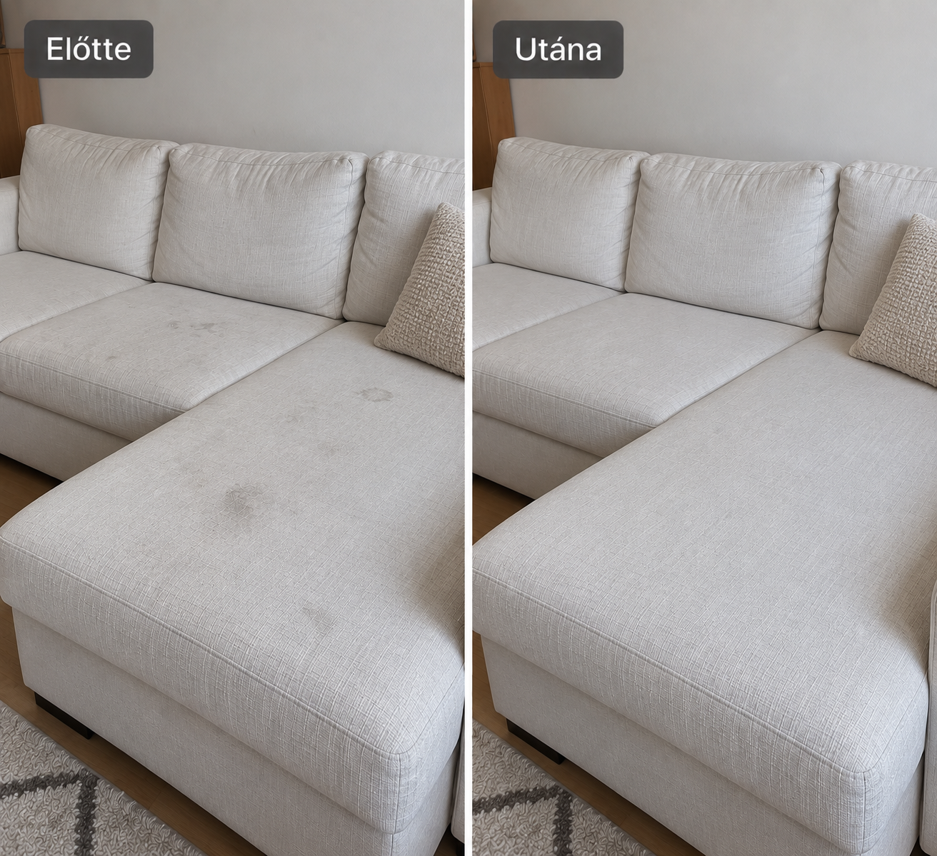 Előtte és utána: világos szövetkanapé folttisztítása